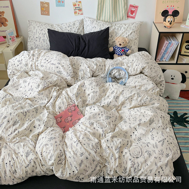 Floral Bear Nantong Home Textiles Foreign Trade E-Commerce Household Four-Piece Set Washed and Brushed Craft Dormitory Three-Piece Set Cross-Border
