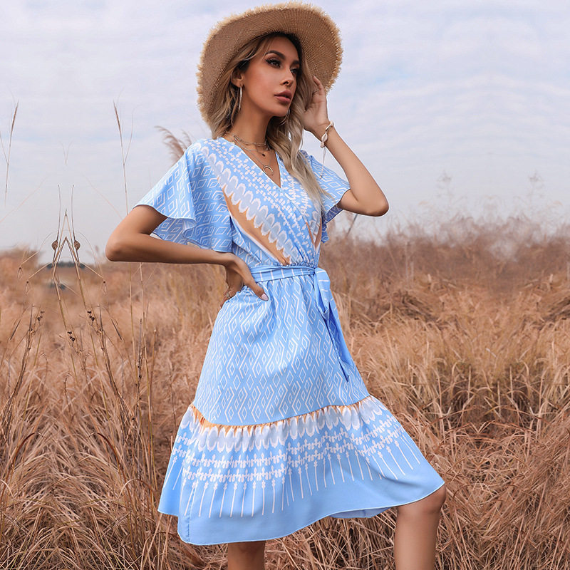 Geometric Print A Line Dress Short Sleeve V Neck Ethnic Style Casual Summer Wear Wholesale Available