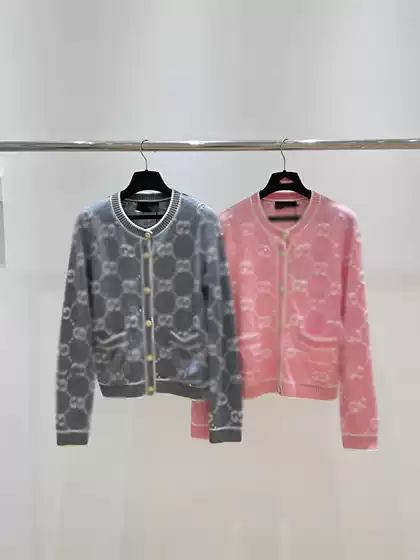 Nanyou high-end round neck knitted wool cardigan with double G pockets, metal button jacket, jacquard sweater for women