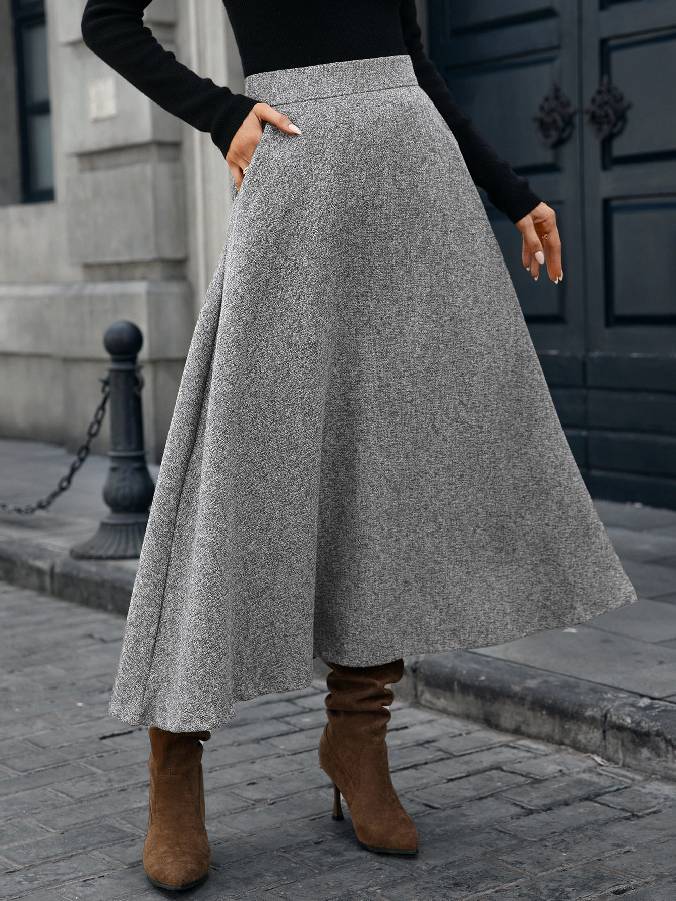 Woolen A Line Midi Skirt High Quality Fabric Elegant Draping Autumn Winter Style Ready to Ship Wholesale Available