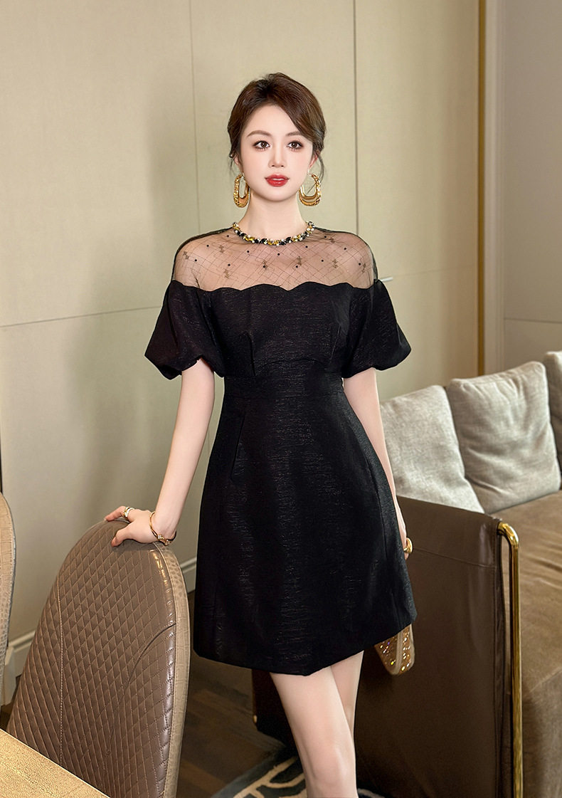 Đầm suông nữ midi tay phồng cổ tròn dáng chữ A — [Đen], [Trắng], [Xám], [Xanh dương] chi tiết 14