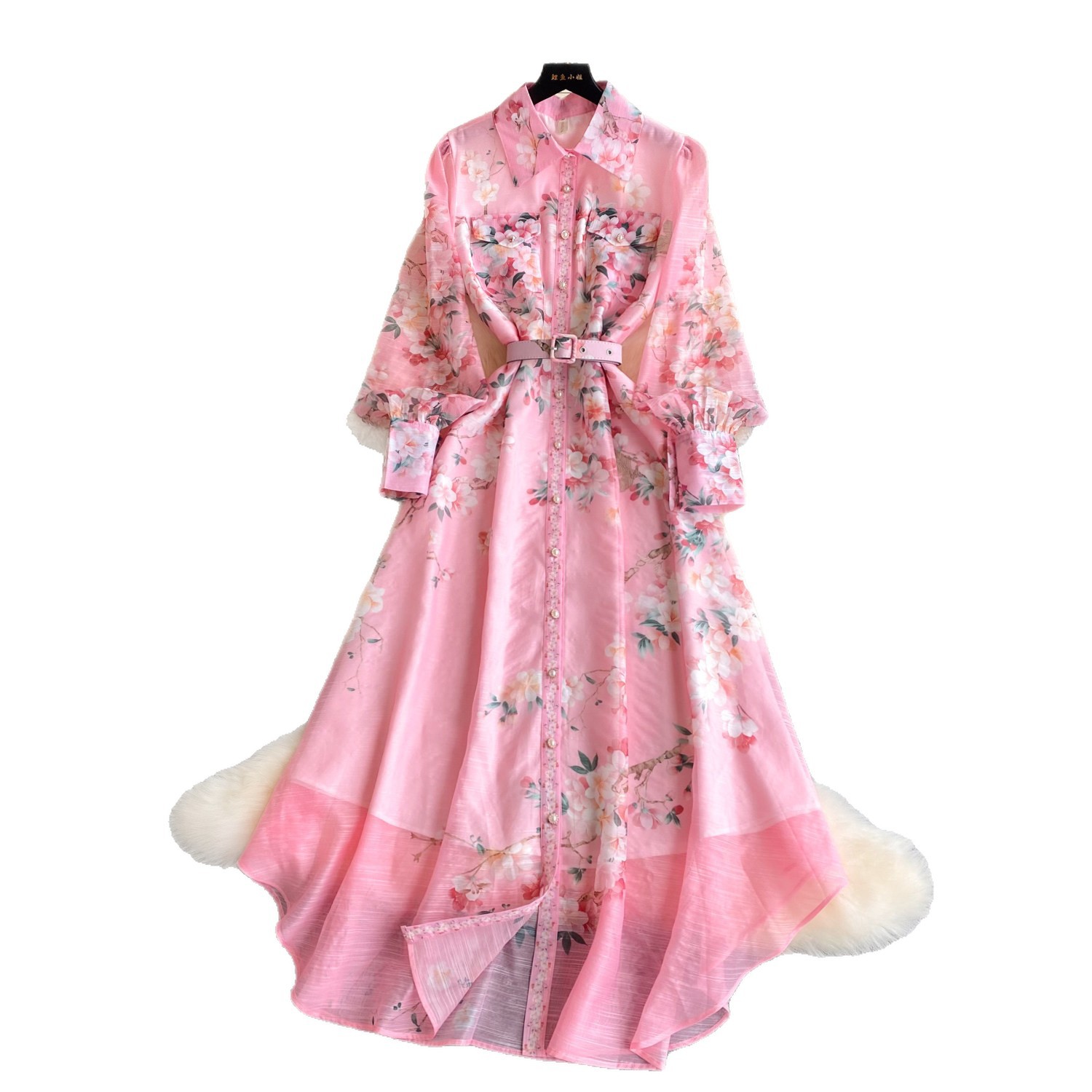 French Floral Print Long Sleeve A Line Dress Slim Fit Hollow Out Tie Waist Elegant Style Perfect for Office Wear
