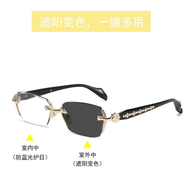 New photosensitive color-changing frameless finished myopia degree carved glasses for men and women fashionable handsome frame flat glasses
