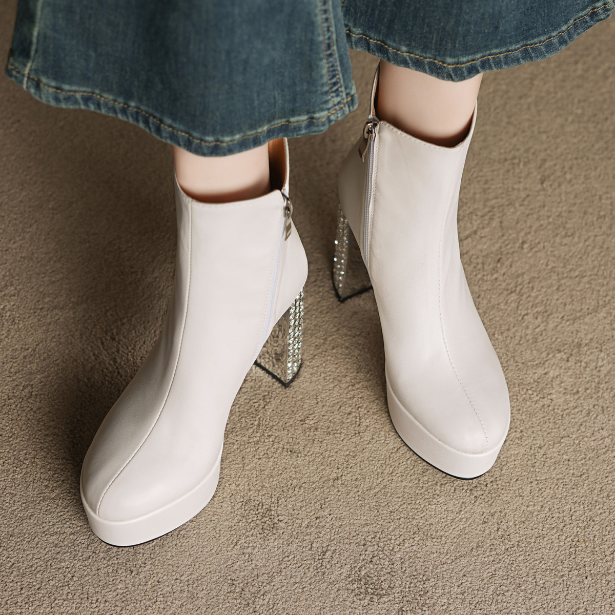 Boot nữ cổ thấp gót siêu cao 11cm đế platform da bò thật — Lớp lót đơn màu đen, Lớp lót đơn màu trắng nhạt, Lớp lót nhung đen, Lớp lót nhung màu trắng nhạt