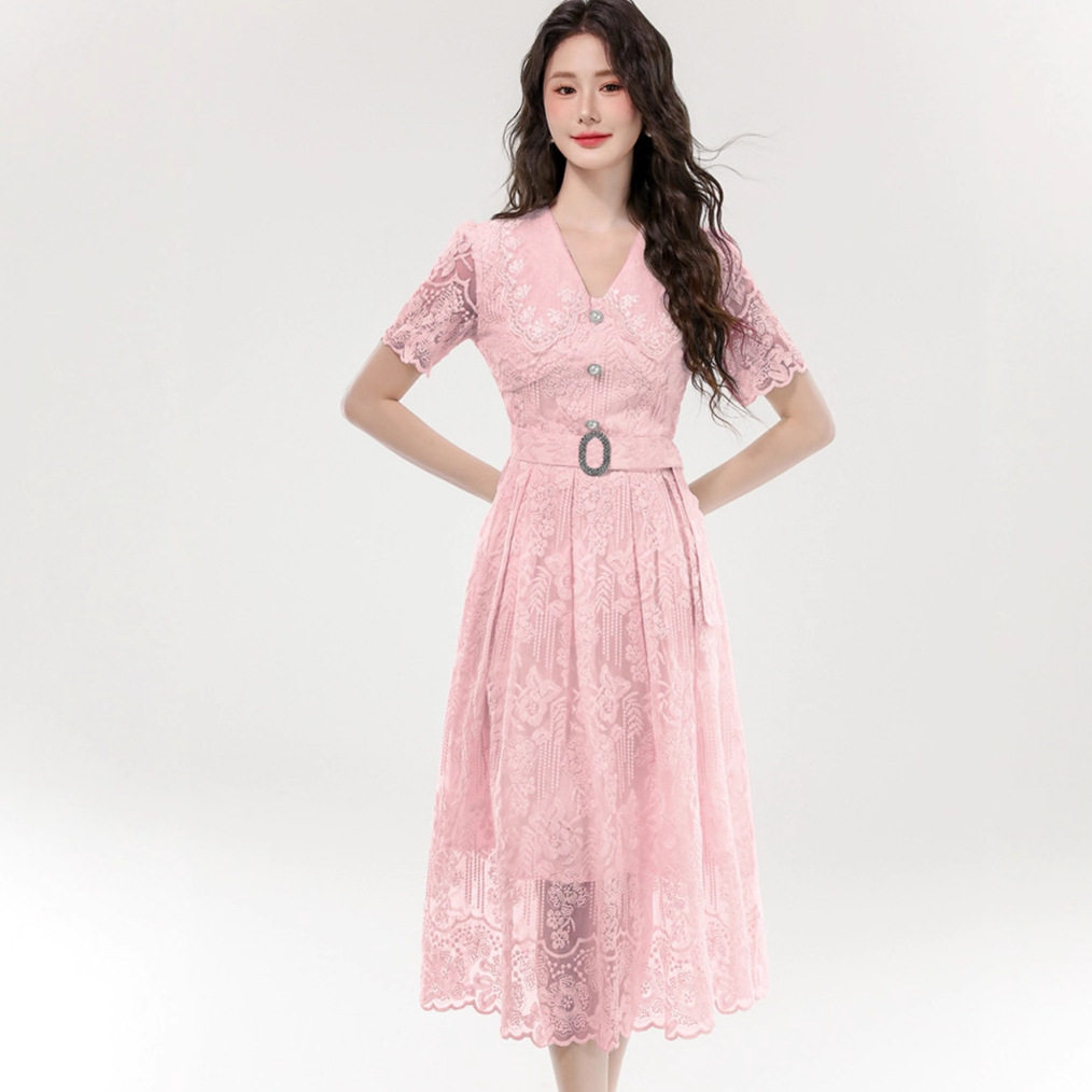 Elegant Lace V Neck Short Sleeve Dress Summer Waist Tie Slim Fit Princess Style Wholesale Availability