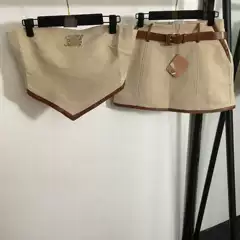 New suit Embroidered Alphabet Patchwork Padded Leather Bag Edge Backless Design Strapless Vest Mini Short Skirt with Belt