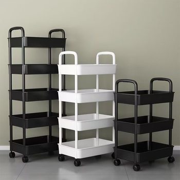 Kitchen Floor-Standing Storage Rack with Pulley Trolley, Multi-Layer Snack Storage Rack for Bathroom, Bedroom, Bedside Storage Rack
