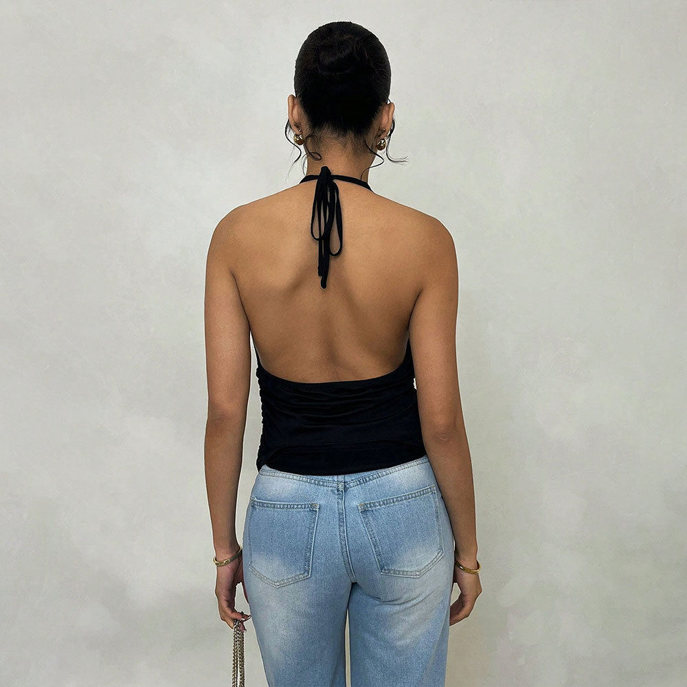 French Style Womens Summer Top Unique Halter Neck Deep V Backless Design Casual Wear for Fashion Forward Outfits