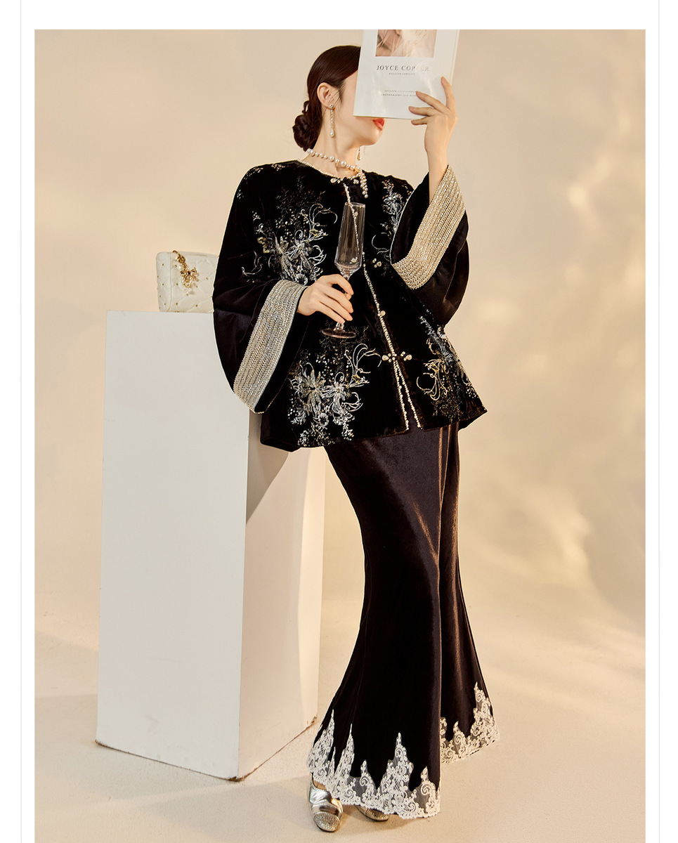 Bộ đầm nữ cổ tròn dài tay thêu sequin đính cườm kèm chân váy đuôi cá — váy, áo khoác
