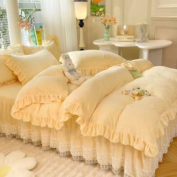 Winter Thickeneded Milk Velvet Bed Skirt Four-Piece Set Double-Sided Velvet Quilt Cover Bed Sheets Three-Piece Set Quilt Cover Bedding