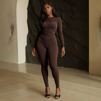 Cross-Border European and American Style 2025 New Autum Women's Fashion Slim Pleated Elegant Round Neck Long-Sleeved Top Two-Piece Set