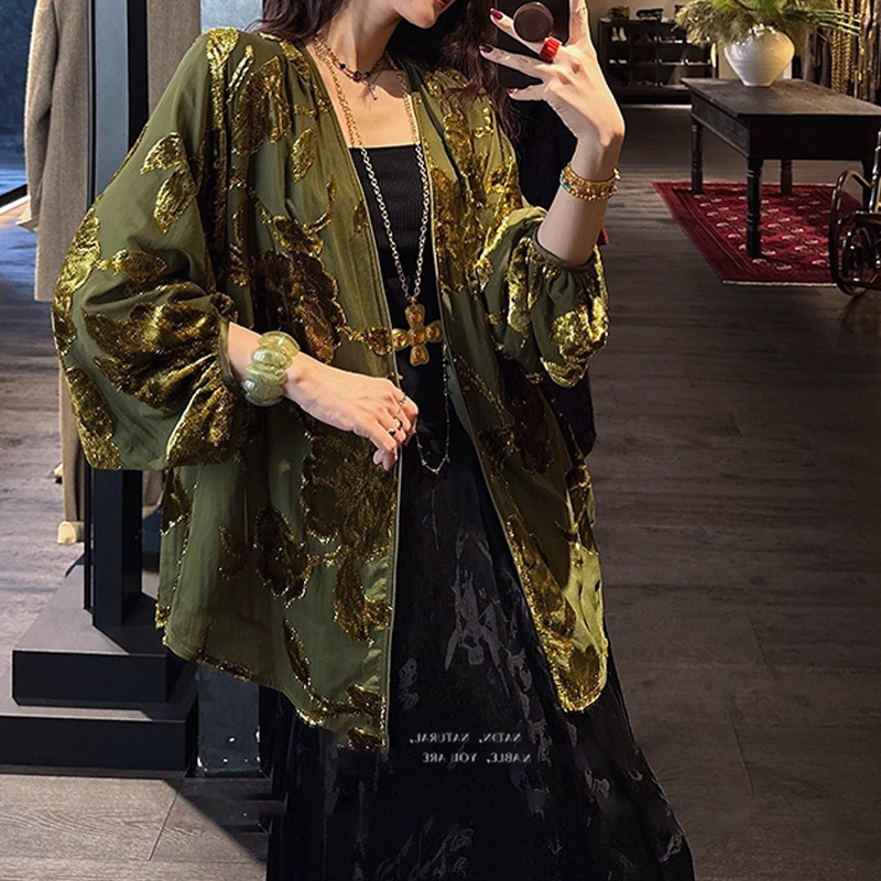 Áo cardigan nữ dệt vải họa tiết in hoa cổ chữ V dáng rộng — Bắc Kinh xanh, mạ vàng, màu son, màu vàng chanh