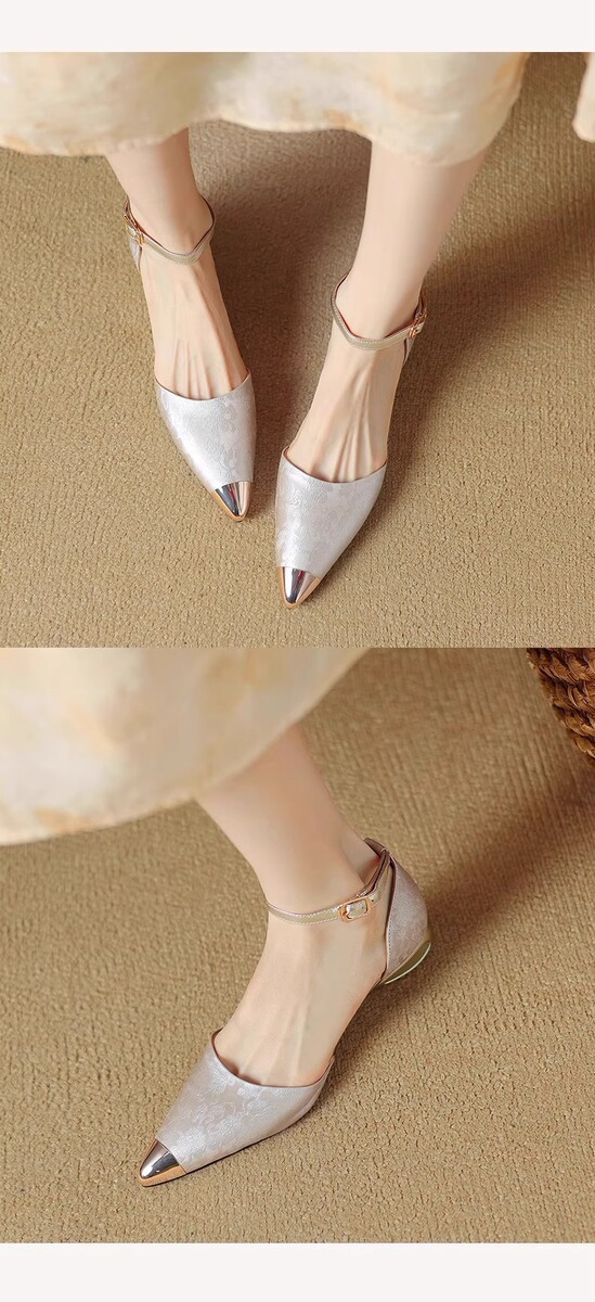 Sandal nữ quai ngang bít mũi mũi nhọn kim loại gót thô 3cm phối cùng áo dài — Màu be, màu đen, Xanh lá cây