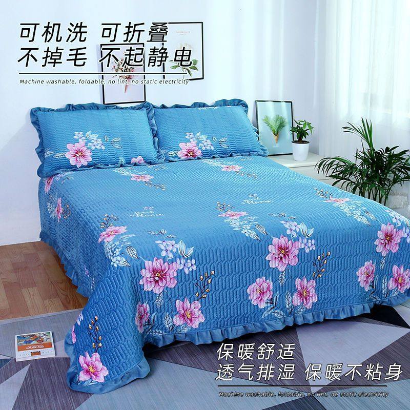 Crystal Velvet Bed Cover Three-Piece Set Princess Style Winter Milk Velvet Warm Quilted Non-Slip Bed Sheetss for Double People for All Seasons