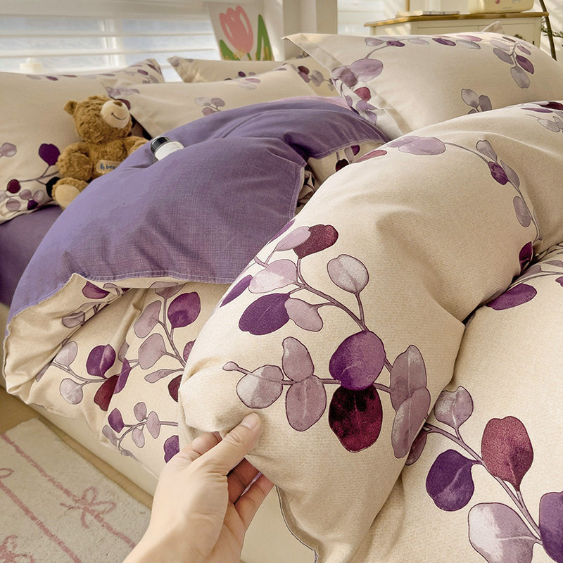 Category a Maternal and Infant Grade Ins Small Fresh Pure Cotton Brushed Four-Piece Set Skin-Friendly Bed Sheetss Washed Cotton Quilt Cover Dormitory Three-Piece Set