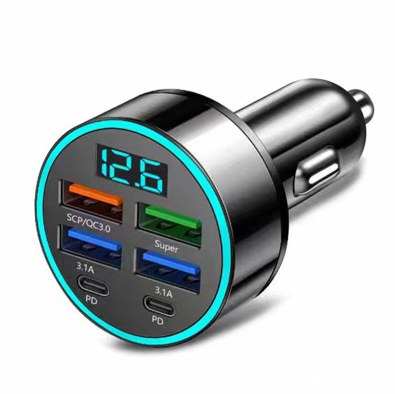 New Digital Display Car Charger 4Usb Super Fast Charge 66W Pd Mobile Phone Charging Head One to Four with Halo Car Charging