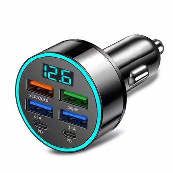 New Digital Display Car Charger 4Usb Super Fast Charge 66W Pd Mobile Phone Charging Head One to Four with Halo Car Charging