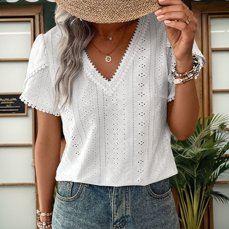 Casual Lace Trim V Neck Blouse Elegant Hollow Out Design Stylish Everyday Wear Wholesale Available