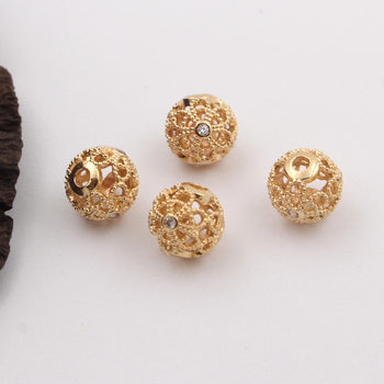 24K Gold-Plated Copper Hollow Spacer Beads 8mm Zircon Flower Ball Loose Beads DIY Bracelet Necklace Beaded Stringing Accessories