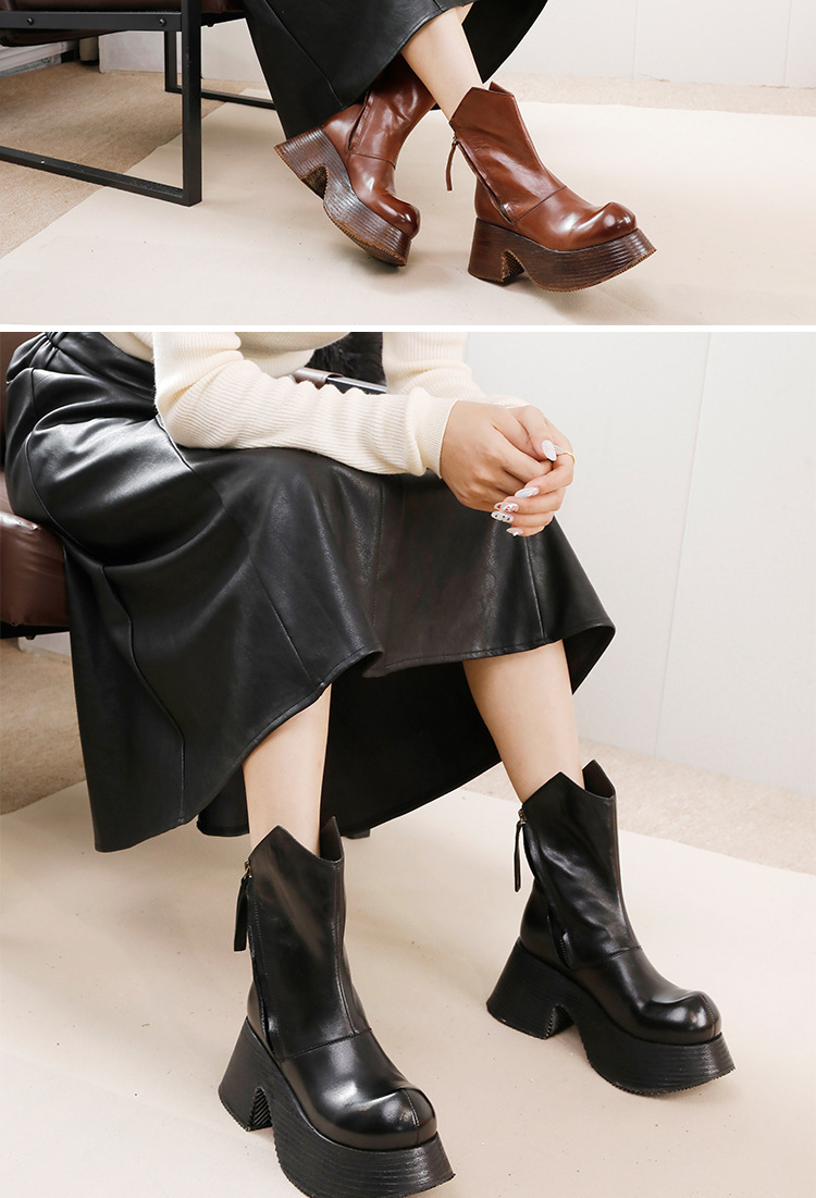 Boot nữ cổ thấp da ngựa thật gót thô khóa kéo bên — Màu cà phê, Màu đen