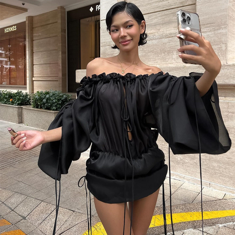 Off Shoulder Ruched Bodycon Dress Lantern Long Sleeves Sexy Fit Autumn Fashion Wholesale Available