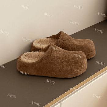 4.5cm [Mao Mao Birkenstock] Plush Mule Shoes Cowhide Toe Half Slippers Warm Winter Birkenstock Shoes Women's Shoes