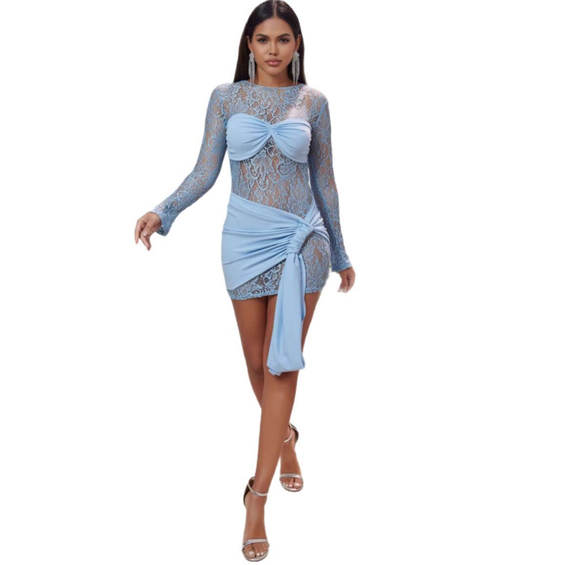 Womens Fashionable Lace Trimmed Bodycon Dress Round Neck Long Sleeve Spring Summer Style Wholesale Available
