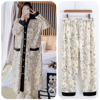 Pregnant Women's Pants with Chest Pad Two-Piece Set Spring and Autumn plus size Monthly Clothing Winter Hospital Internal Examination Nursing Nightdress