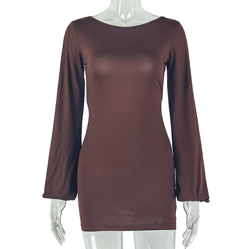 Fashionable Solid Color Bodycon Dress Long Sleeve Round Neck Backless Casual Wear for Women OEM Available