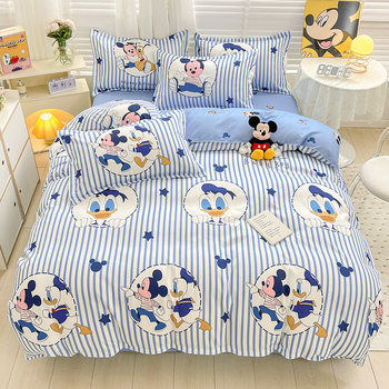 Cross-Border Autumn and Winter Mickey Plant Cashmere Sheets Taiwan Bed Bag Three or Four Piece Set Cartoon Student Quilt Cover Fitted Sheets Wholesale
