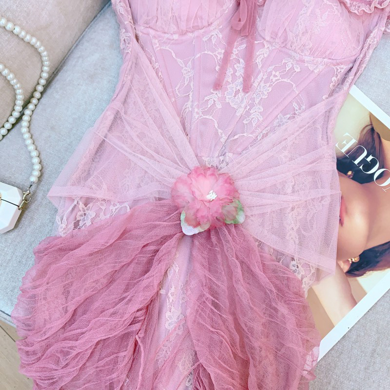 Đầm dây maxi nữ ren lưới phối nơ thắt eo dáng suông — Hồng phấn hồng phấn