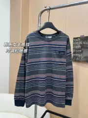 Correct Version 26 Early Spring New Miu-Style Blue-Gray-Red Striped Round-Neck Loose Long-Sleeve T-Shirt Unisex
