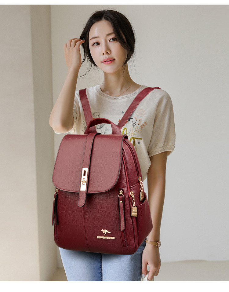 Ba lô nữ da PU phong cách tối giản đô thị, nhiều ngăn tiện dụng đi làm và dạo phố — Màu đen, Màu đỏ, Màu đồng, Màu kaki