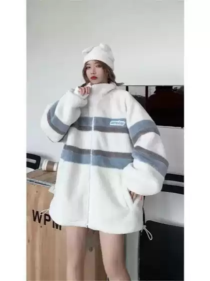 plus size Thickened Lamb Fleece Zipper Striped Stitching Loose Lamb Fleece Loose Collar Jacket