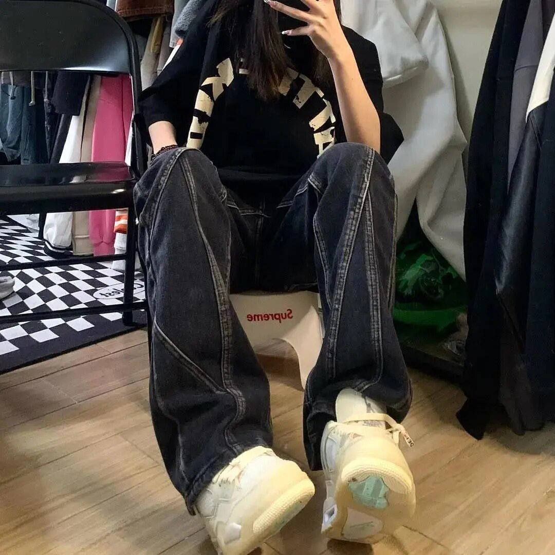 Womens Vintage Washed Split Denim Jeans Casual Loose Fit Straight Leg Fashionable for Students Wholesale Available