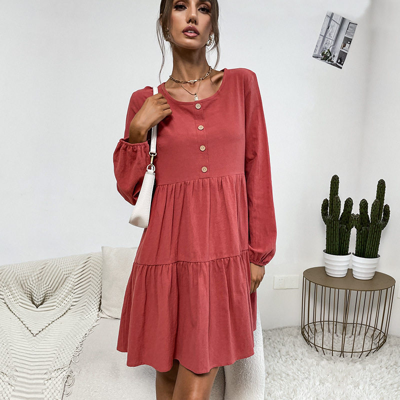 Loose Fit Long Sleeve Dress Cotton Linen Blend Pleated Design Vibrant Red Casual Wear for Spring and Summer