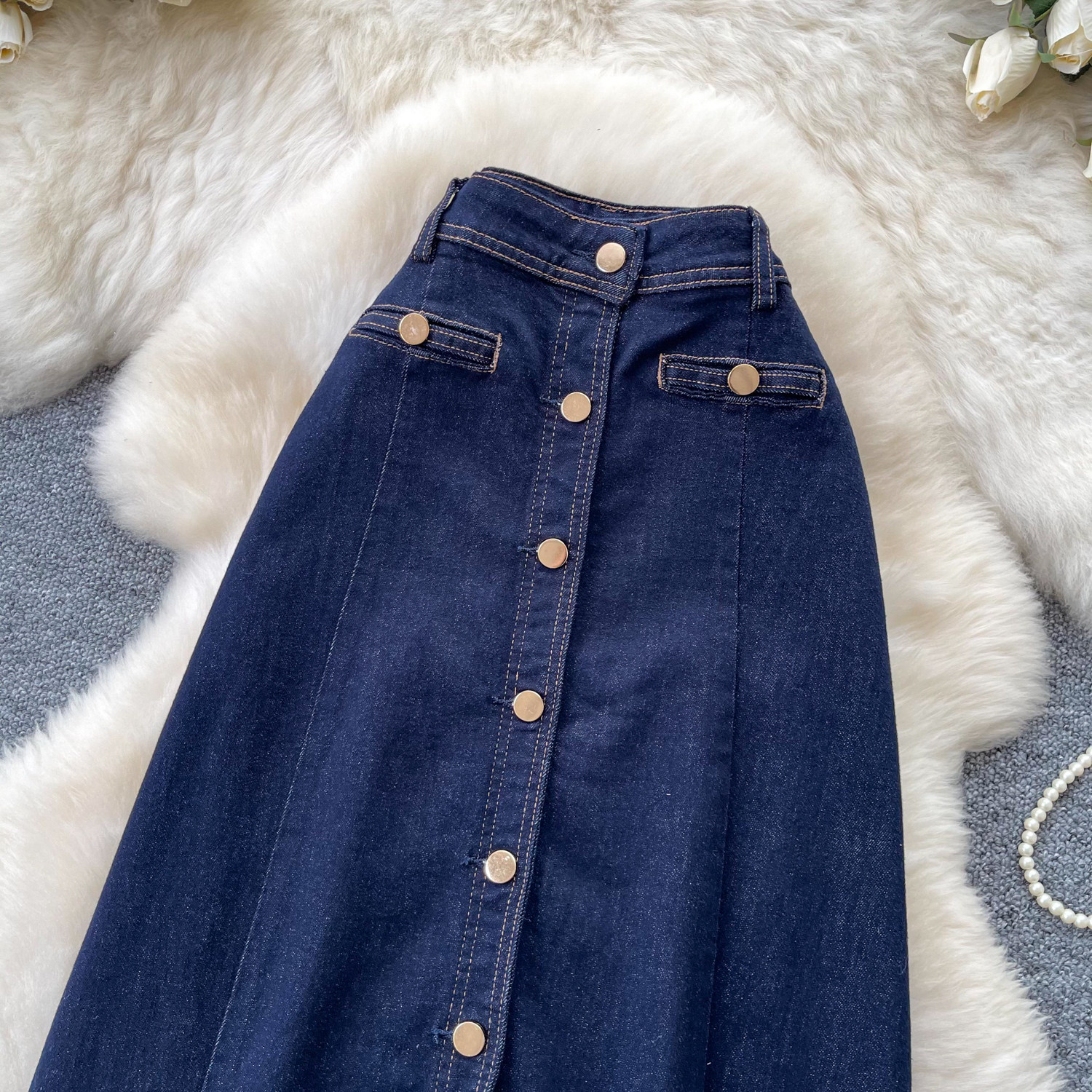 High Waisted A Line Denim Skirt Multi Button Design Side Slit Slim Fit Summer Casual Wear Wholesale Available