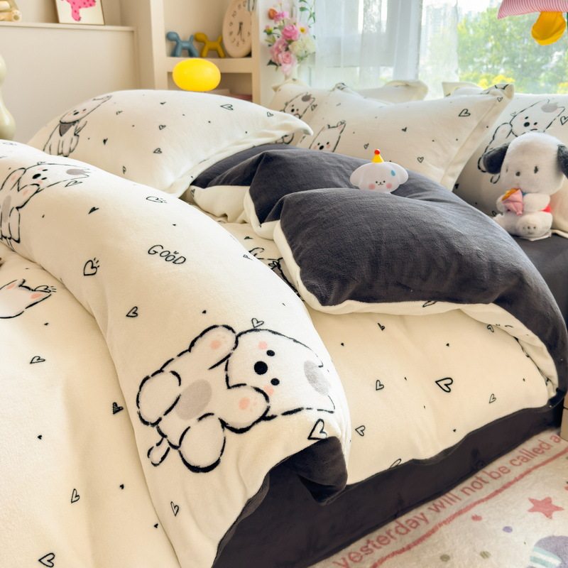 Category a Maternal and Infant Grade Milk Velvet Four-Piece Set Thickeneded and Warm Winter Fleece-Lined Bed Sheetss and Quilt Cover Student Three-Piece Set