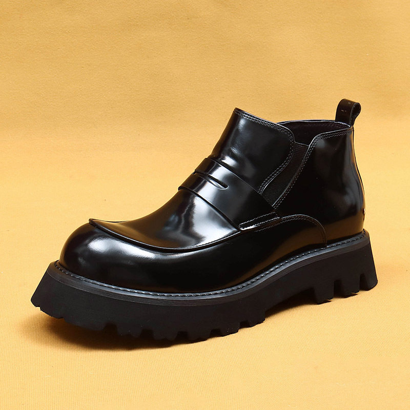 Boot Chelsea Nam Da Bóng Lót Lông Chiều Cao Đế Khoảng 5cm Màu Đen