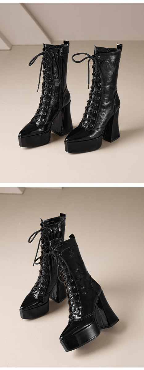 Boot nữ cao gót 12cm buộc dây phối ren đế dày cổ thấp — Da bò đen + lót nhung ren, Da bò đen + lót ren, Lớp lót bằng da bò màu đen