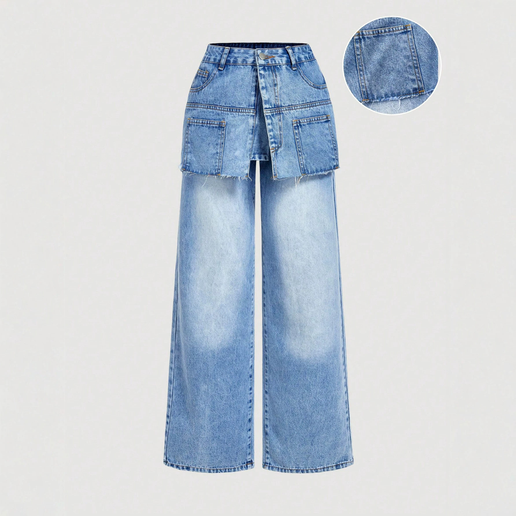 Fashionable Two Piece Look Wide Leg Jeans Trendy Design Comfortable Fit Versatile Style Perfect for Casual Outings