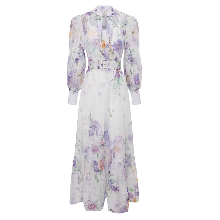Elegant Floral Print Long Dress for Women Lightweight Lantern Sleeve Waist Defined Ruffle Hem Perfect for Spring