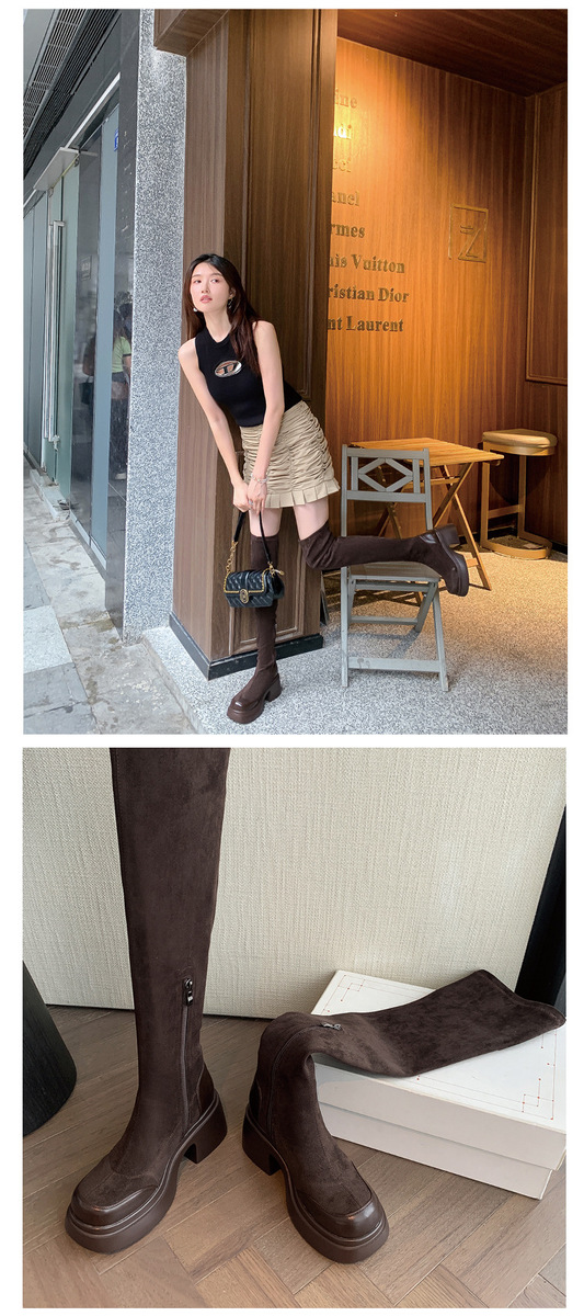 Boot nữ cổ cao quá gối gót vuông 7.5cm phối da bò và vải co giãn — Lót nhung ống lớn màu nâu, Lót nhung ống nhỏ màu nâu, Màu đen ống lớn lót nhung bên trong, Màu đen ống nhỏ lót nhung bên trong