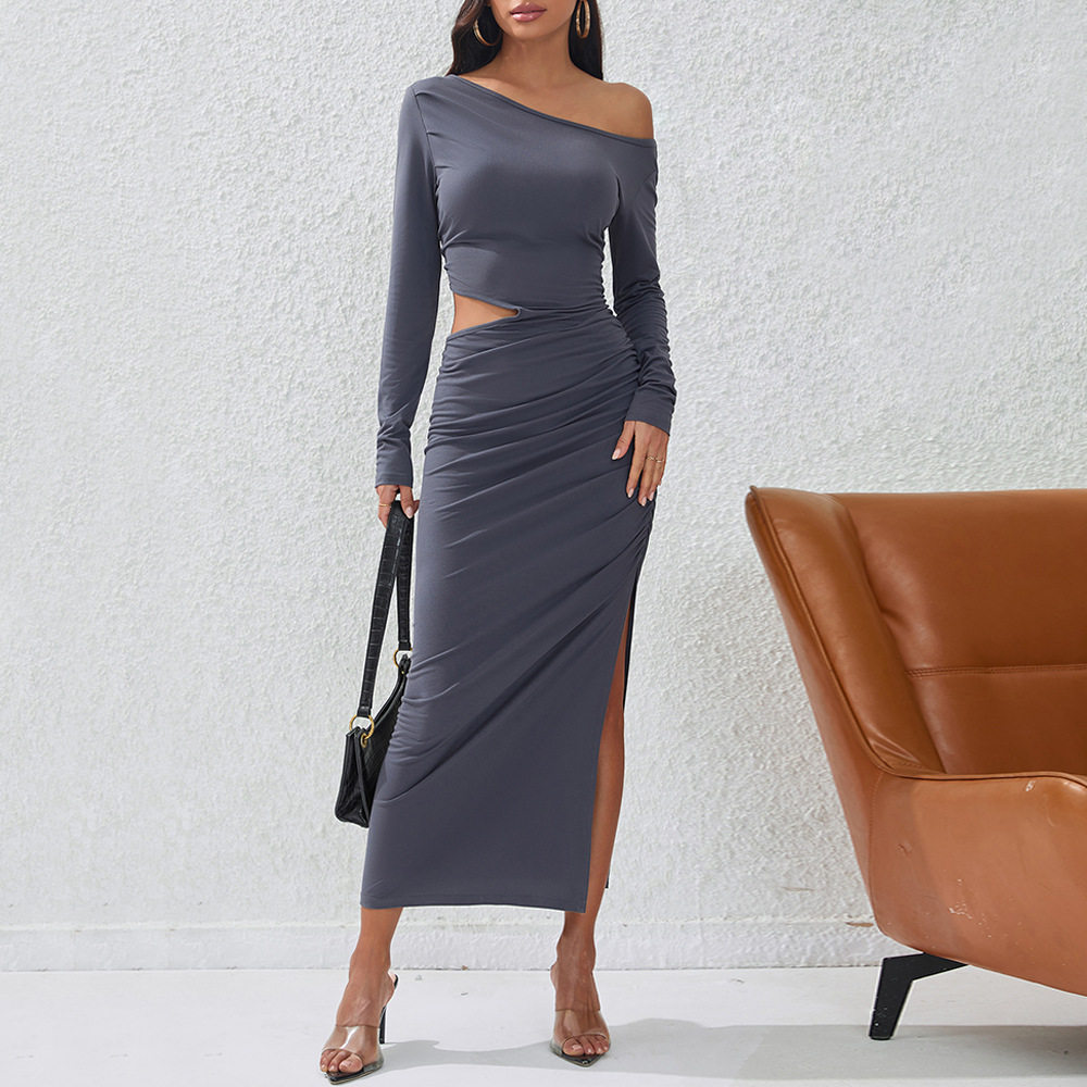 Bodycon Midi Dress Slim Fit Sexy Hollow Out Side Slit Autumn Winter Party Wear Wholesale Available