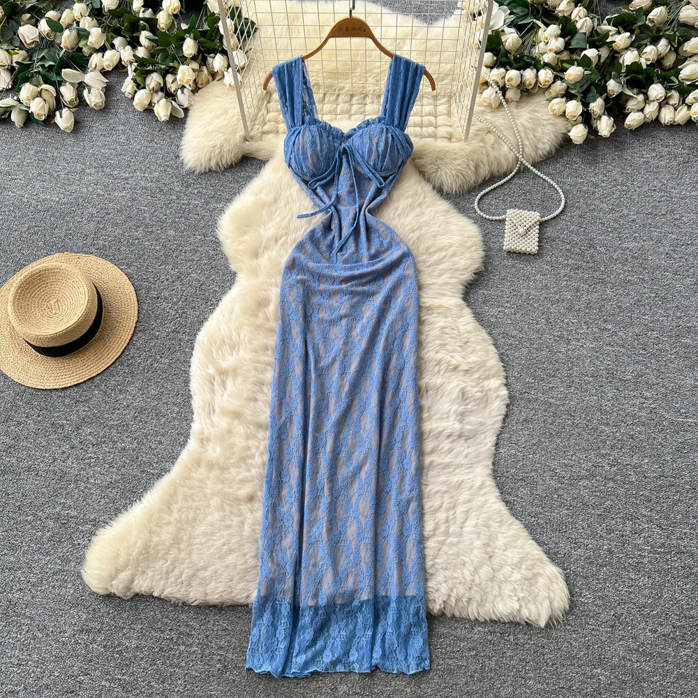 Blue Lace Slip Dress Slim Fit Backless Mermaid Hem Summer Vacation Evening Wear Wholesale Available
