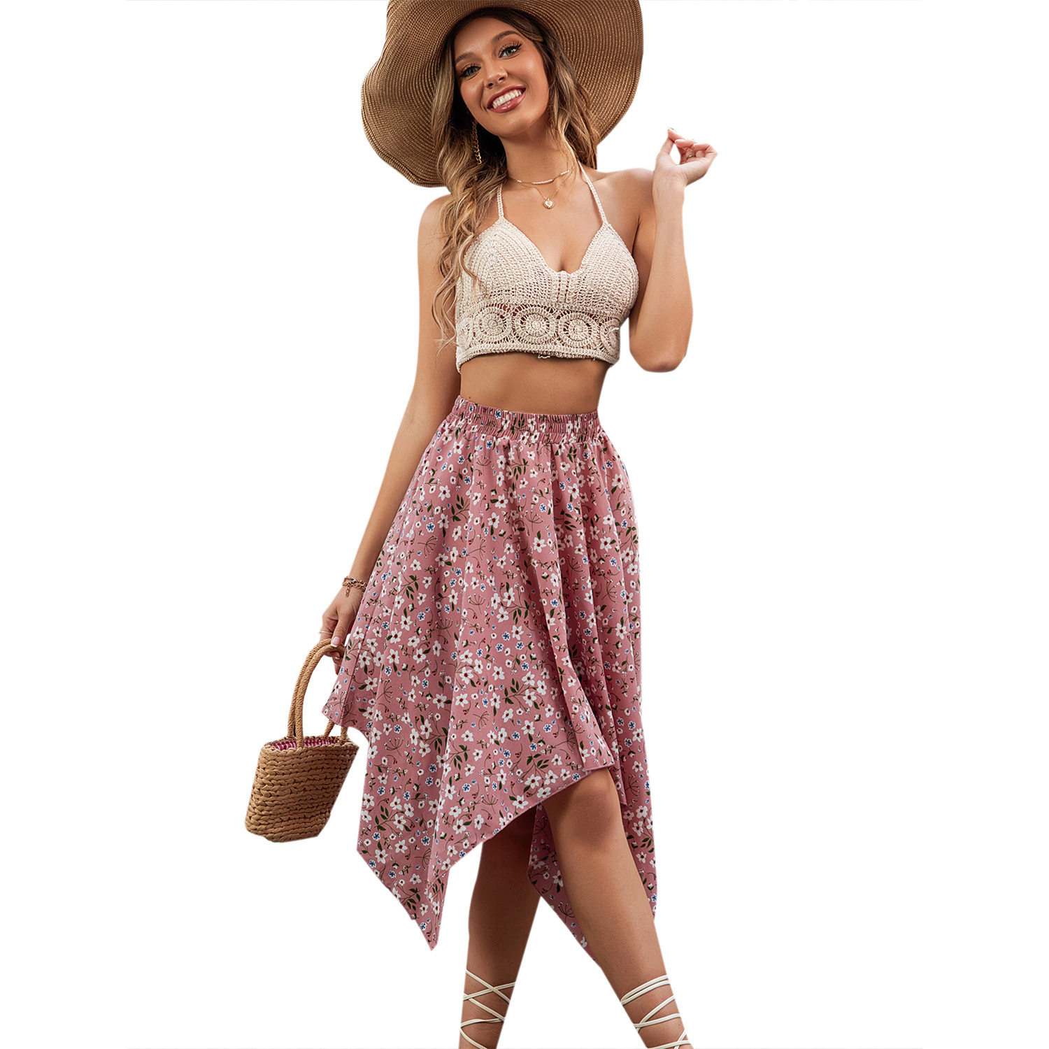 Chiffon Midi Skirt Loose Fit Floral Print Casual Style Perfect for Everyday Wear Wholesale Available