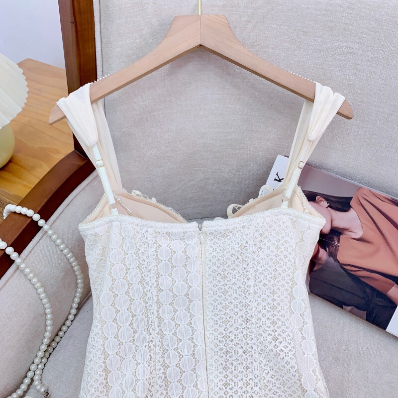 Đầm dây ôm body phối ren gợi cảm dáng cá tính — Màu trắng kiểu ngắn, Màu trắng dáng dài