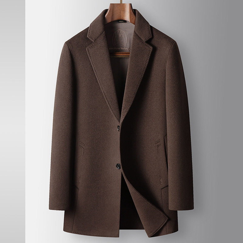 Áo Khoác Dạ Nam Dáng Dài Vừa Vặn Cổ chữ Vest Thủ Công Woolen Phong Cách Thanh Lịch Màu Nâu