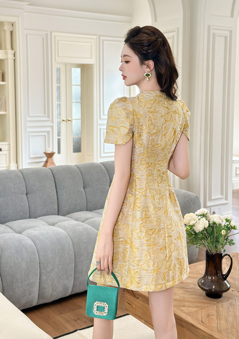 Đầm suông midi retro phong cách Pháp in họa tiết tay ngắn — [Vàng] chi tiết 8