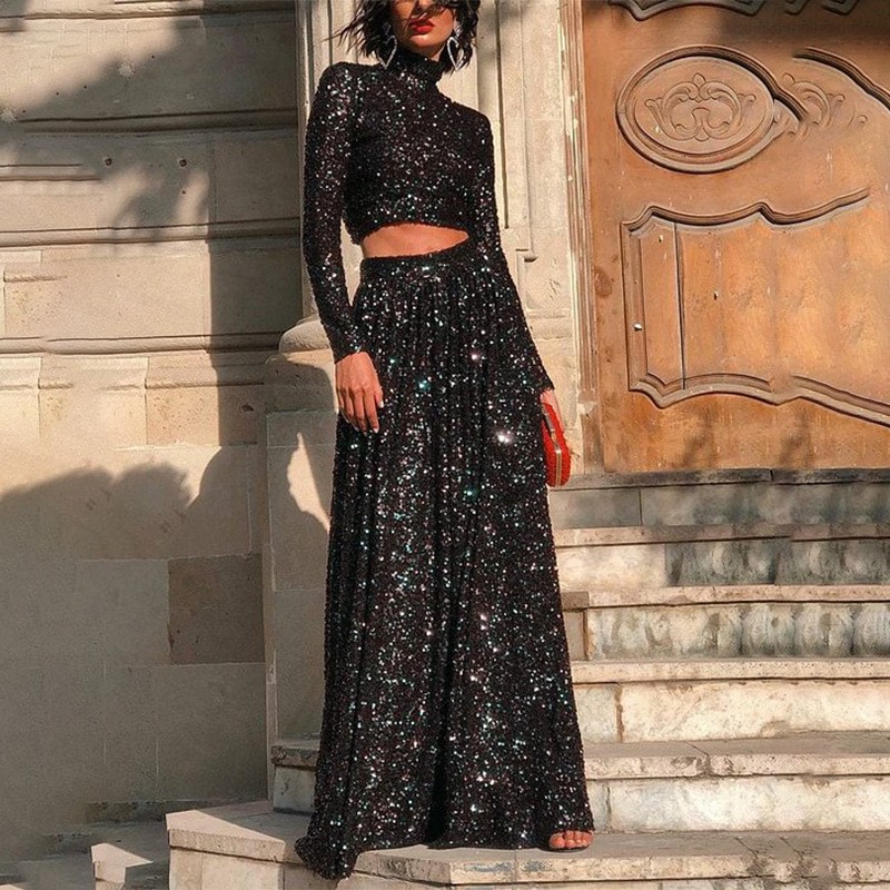 Elegant Long Sequin Dress High Neck Long Sleeve Floor Length Perfect for Spring Summer Parties Wholesale Available